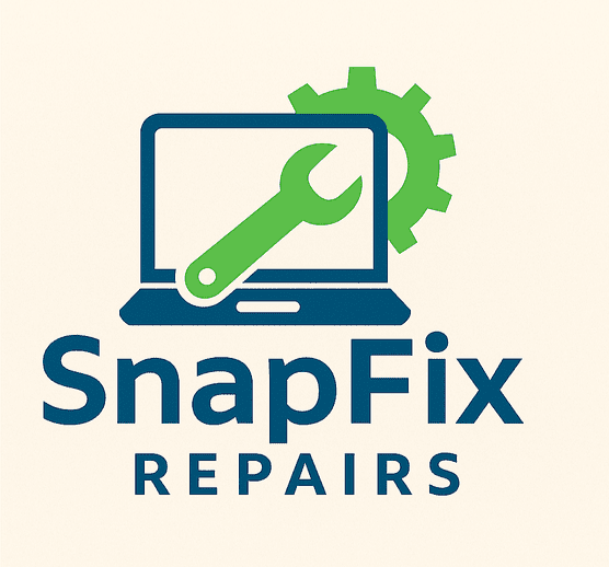 Logo for SnapFix Repairs with a laptop and wrench icon on a beige background